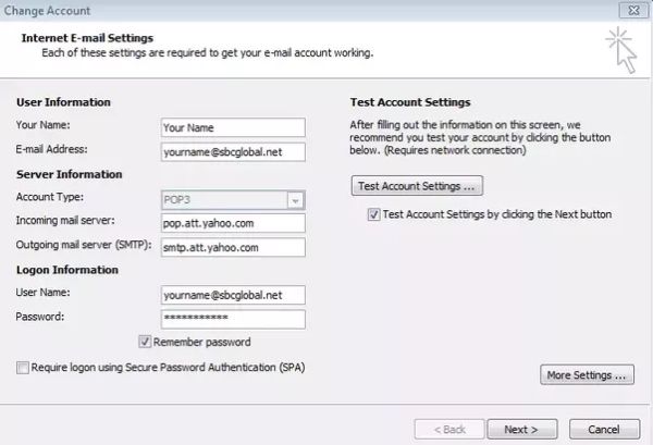 bellsouth email settings pop3 security type