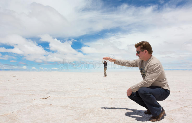 funny photo spatial perspective lake salar de uyuni bolivia