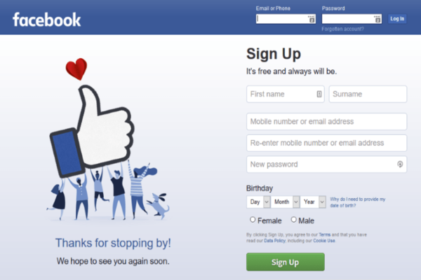 facebook sign up page 