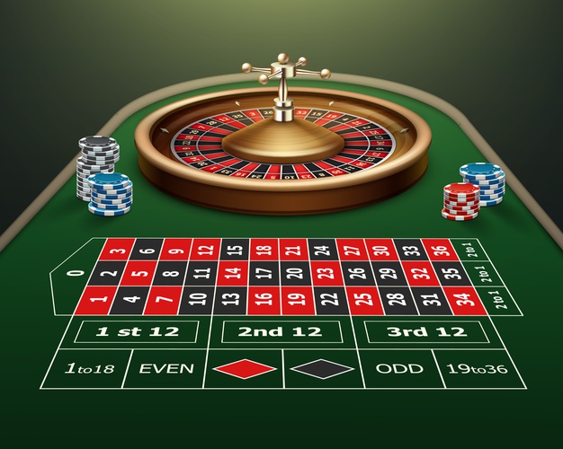 vector realistic casino roulette table wheel black red blue chips isolated